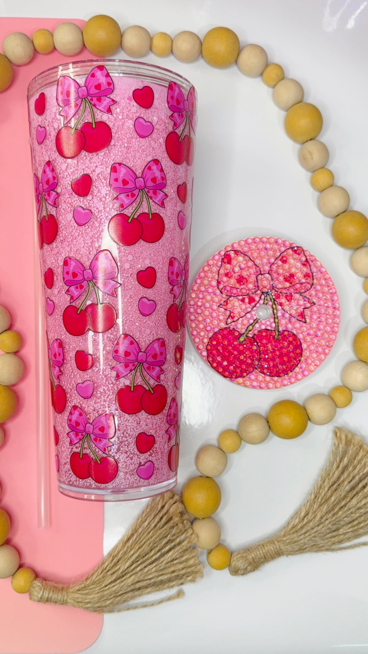 Cherry Heart Bows 24oz Snowglobe Tumbler